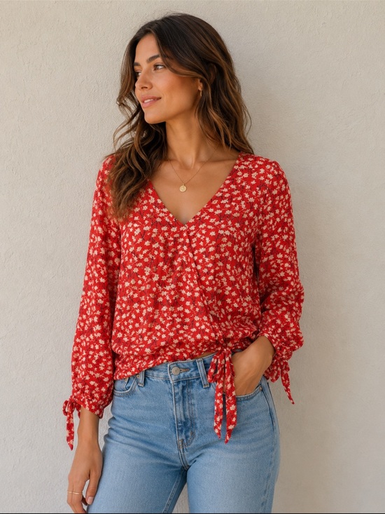 Blu Pepper Tops - Boho, Folklore Blu Pepper Red Floral V-Neck Tie-Hem Blouse